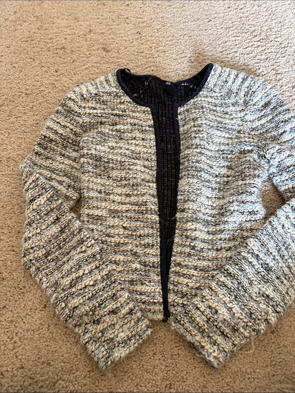 H&M Women's Black and White Textured Bouclé Open Cardigan